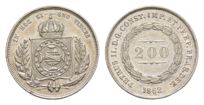 Бразилия 200 реалов (рейсов) 1862 Педро II (1831-1889) KM 469 серебро 1519-1414