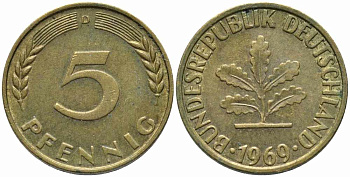 ФРГ 5 ПФЕННИГОВ 1969 D KM 107, J. 382 сталь плакированная латунью 112-147