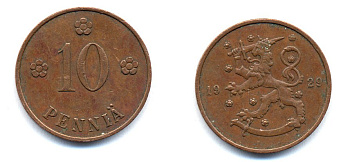 Финляндия 10 пенни 1929 республика (1918-1962) KM 24 медь 51-5312