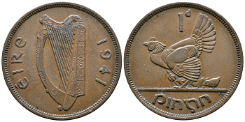 Ирландия 1 пенни 1941 курица с цыплятами KM 11 бронза 4110-213
