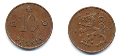 Финляндия 10 пенни 1929 республика (1918-1962) KM 24 медь 51-5312