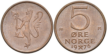 Норвегия 5 эре 1976 Улаф V (1958-1991) KM 415 бронза UNC 4582-543