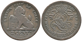 БЕЛЬГИЯ 2 САНТИМА 1834 KM 4.1 медь 34-341