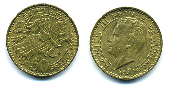 Монако 50 франков 1950 Ренье III (1949-2005) KM 132 алюминиевая бронза 71-1642
