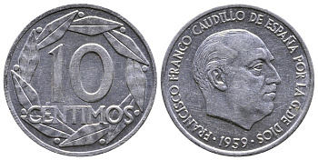 Испания 10 сентимо 1959 Франсиско Франко (1939-1975) KM 790 алюминий 26-936