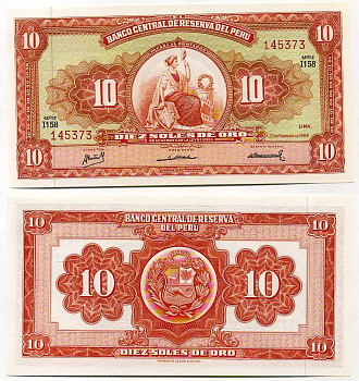 Перу 10 солей 1968 сидящая свобода, Thomas de la Rue Pick 84a бумага UNC (пресс) 445-77-3