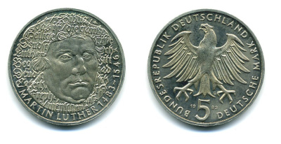 ФРГ 5 марок 1983 G, 500 лет со дня рождения Мартина Лютера J. 434, KM 159 медно-никель плакированный никелем плакированный никелем 37-1115