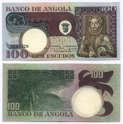 АНГОЛА 100 ЭСКУДО 1973 10 ИЮНЯ 1973, ЛУИС де КАМОЭНС, ПОДПИСЬ 10 Pick 106 бумага aUNC 8564-35-3