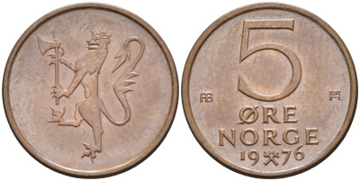 Норвегия 5 эре 1976 Улаф V (1958-1991) KM 415 бронза UNC 4582-543