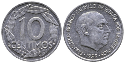 Испания 10 сентимо 1959 Франсиско Франко (1939-1975) KM 790 алюминий 26-936