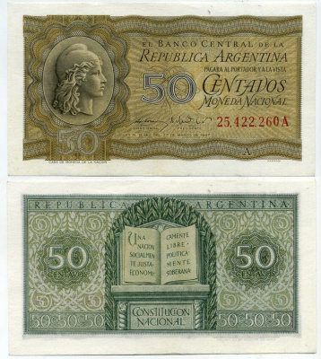 АРГЕНТИНА 50 СЕНТАВО 1950 СЕРИЯ A 25422 Pick 259а UNC (ПРЕСС) 445-11-2
