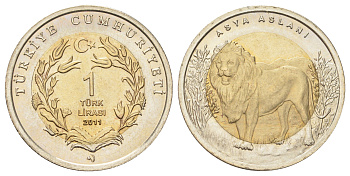 Турция 1 лира 2011 Фауна Турции - Азиатский лев KM 1275 биметалл UNC 1529-1433