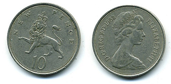 Великобритания 10 пенсов 1968 Елизавета II (1952-2022) KM 912, Spink 4231 (F1) медно-никель  4110-1122