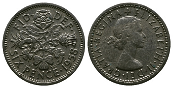 Великобритания 6 пенсов 1958 Елизавета II (1952-2022) KM 903, Spink 4149 медно-никель 4381-713