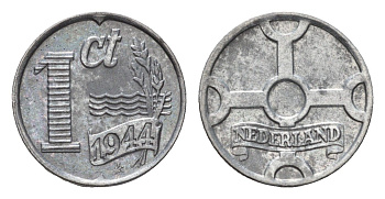 Нидерланды 1 цент 1944 Вильгельмина (1890-1948) KM 170 цинк UNC 44-1114