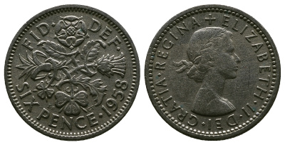 Великобритания 6 пенсов 1958 Елизавета II (1952-2022) KM 903, Spink 4149 медно-никель 4381-713