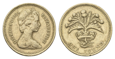 Великобритания 1 фунт 1984 Елизавета II (1952-2022), год-тип KM 934, Spink 4222 никель латунь 4695-826