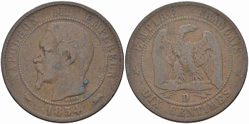 ФРАНЦИЯ 10 САНТИМОВ 1854 D, НАПОЛЕОН III (1852-1870) KM 771.4, LE FRANC 133.14 бронза 38-945