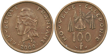 Французская Новая Каледония 100 франков 2000 хижина среди сосен и пальм, (IEOM) KM 15, Schoen 16, Lec 139d никель бронза 97-145