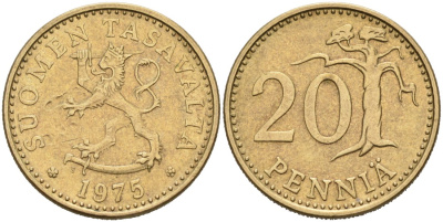 ФИНЛЯНДИЯ 20 ПЕННИ 1975 S KM 47 алюминиевая бронза 4563-322