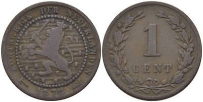 Нидерланды 1 цент 1878 Виллем III (1849-1890) KM 107 бронза 4387-1266