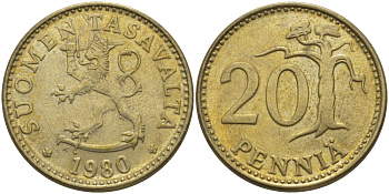 ФИНЛЯНДИЯ 20 ПЕННИ 1980 К KM 47 алюминиевая бронза 28-135