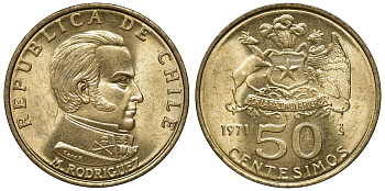 Чили 50 сентесимо 1971 KM 196 алюминиевая бронза aUNC M55-15