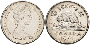 Канада 5 центов 1974 бобр, Елизавета II (1952-) KM 60.1 никель 4566-1026