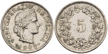 ШВЕЙЦАРИЯ 5 РАППЕНОВ 1969 В KM 26 медно-никель 66-419