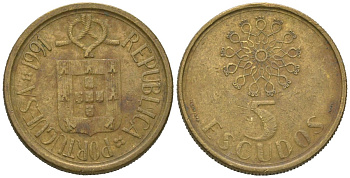 Португалия 5 эскудо 1991 KM 632 никель латунь 4621-431