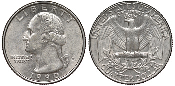 США 25 центов = квотер 1990 D, Вашингтон KM A164a медь плакированная медно-никелем 4543-1055