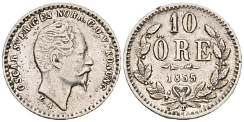 Швеция 10 эре 1855 T, Оскар I (1844-1859) KM 683 серебро 443-1614