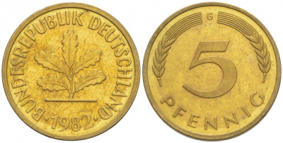 ФРГ 5 ПФЕННИГОВ 1982 G KM 107, J. 382 сталь плакированная латунью 3996-1157