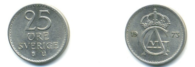 Швеция 25 эре 1973 U, Густав VI Адольф (1950-1973) KM 836 медно-никель UNC 4379-653