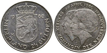 Нидерланды 2 1/2 гульдена 1980 коронация Беатрикс, 30 апреля 1980 KM 201 никель 177-256