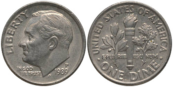 США 10 ЦЕНТОВ = 1 ДАЙМ 1989 P, РУЗВЕЛЬТ KM 195а медь плакированная медно-никелем 4396-425