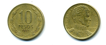 ЧИЛИ 10 ПЕСО 1993 БЕРНАРДО ХИГГИНС KM 228.2 никель латунь 37-147