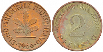 ФРГ 2 пфеннига 1966 F KM 106, J.381 бронза 3718-365