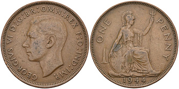 Великобритания 1 пенни 1944 Георг VI (1936-1952) KM 845, Spink 4114 бронза 4117-841