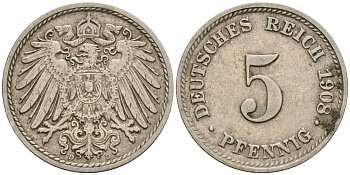 Германия 5 пфеннигов 1907 D, KM 11, J. 12 медно-никель 4364-3667