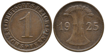 ГЕРМАНИЯ 1 РЕЙХСПФЕННИГ 1925 J KM 37, J. 313 бронза 39-915