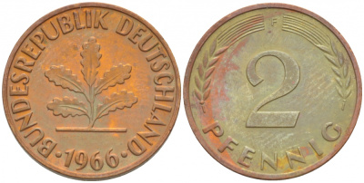 ФРГ 2 пфеннига 1966 F KM 106, J.381 бронза 3718-365