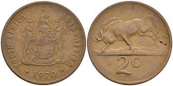 ЮАР 2 цента 1970 герб, антилопа гну KM 83 бронза 4561-615