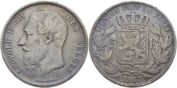 Бельгия 5 франков 1867 Леопольд II (1865-1909), ТОЧКА ПОСЛЕ F, НА РЕВЕРСЕ KM 24 серебро 5010-825