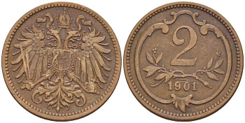 АВСТРИЯ 2 ГЕЛЛЕРА 1901 АВСТРО-ВЕНГЕРСКАЯ ИМПЕРИЯ KM 2801 бронза 201-326