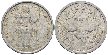 Французская Новая Каледония 2 франка 1982 птица кагу, (IEOM) KM 14, Schoen 11, Lec 62 алюминий    27-522