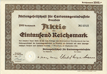 Германия 1000 рейхсмарок 1941 АО картонной промышленности, Дрезден, акция   бумага  8804-97-1