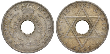 Британская Западная Африка 1/2 пенни 1947 KN, Георг VI KM 18 медно-никель 25-1753