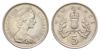 Великобритания 5 пенсов 1970 Елизавета II (1952-2022) KM 911, Spink 4233 (D1) медно-никель UNC 4671-1156