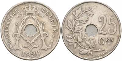 Бельгия 25 сантимов 1929 Belgie, Альберт I (1909-1934) KM 69 медно-никель 68-254
